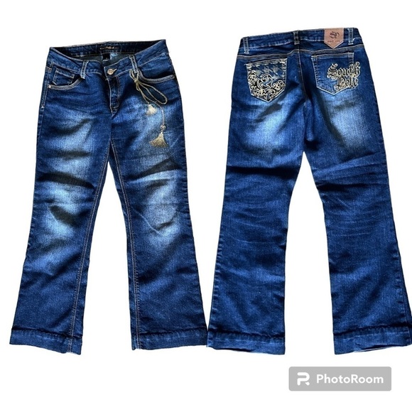 South Pole Women Blue Jeans Flared Bootcut Mid Rise Gold Embroidery Size 11 - Picture 3 of 10